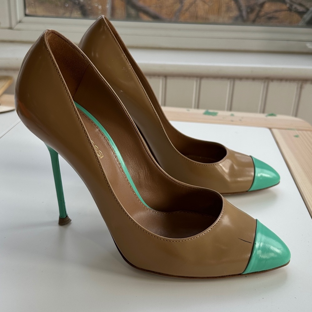 Sergio Rossi Tan and Turquoise Toecap Pumps